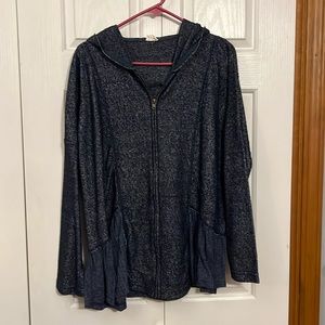 Hyku polyester/cotton zip up hooded jacket. Navy with side “ruffle” Lg